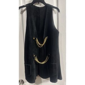 Vintage Women's Long Black Suede Vest With Gold Link Chains Snap Buttons Rare!!